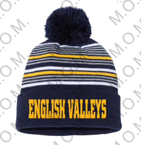 Sportsman - 12" Striped Pom-Pom Knit Beanie with English Valleys Embroidery