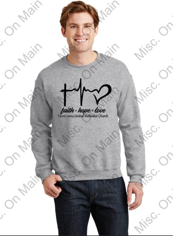 Gildan Crewneck with Montezuma United Methodist Church Printing: Faith, Hope & Love